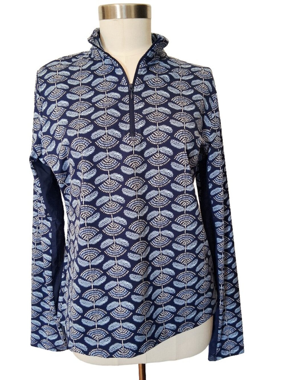 NWT Sigrid Olsen 1/4 Zip Long Sleeve Activewear Blue Printed Top Large